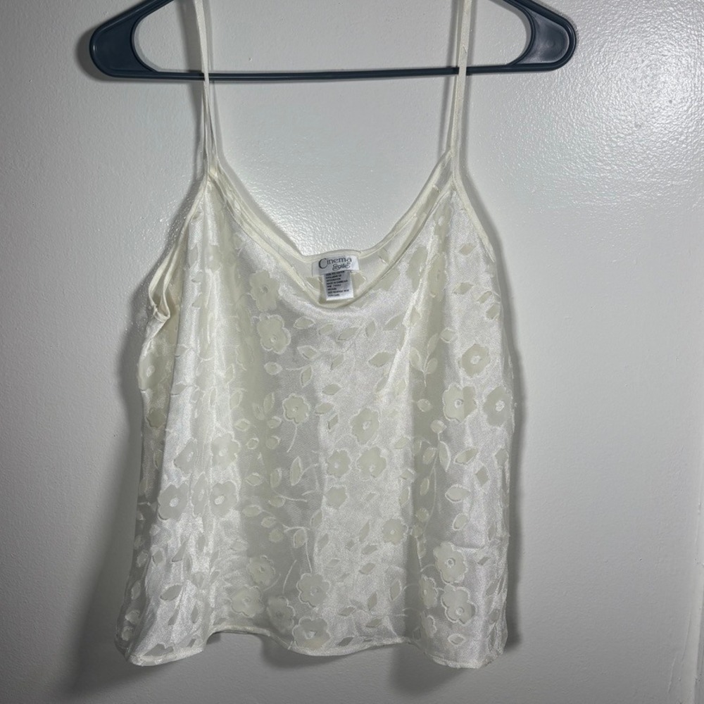 Vtg Cinema Etoile Cami Tank Top Sz M White Floral Satin Sleepwear Lingerie